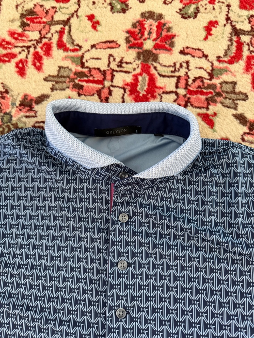 Greyson Navy Geometric Polo with Light Blue Collar - Picture 3 of 11